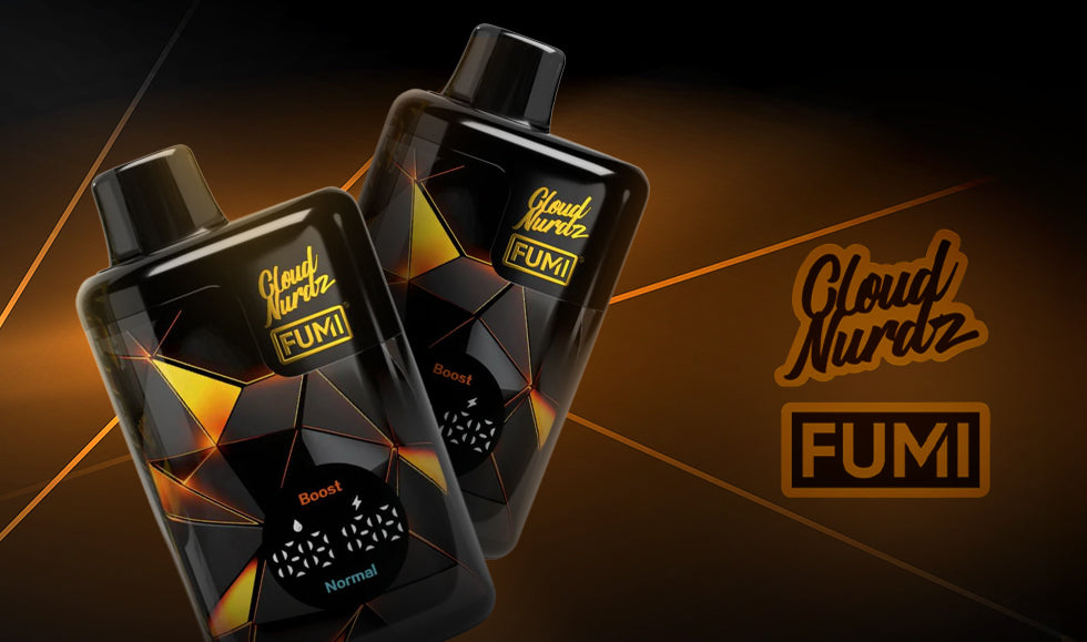 Fumi x Cloud Nurdz 55K disposable vape shown in black and gold design with Boost and Normal mode display.