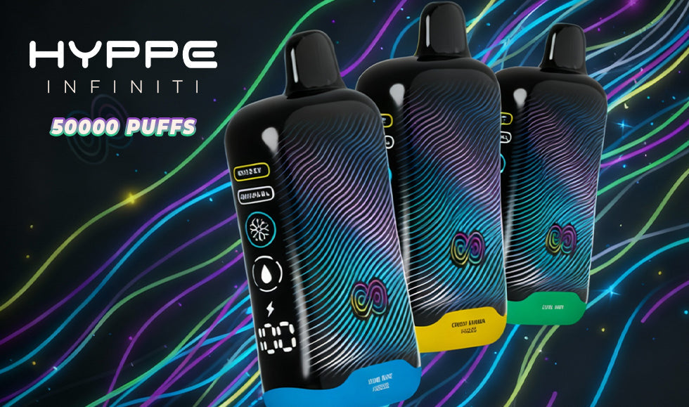 Hyppe Infiniti 50K disposable vape lineup with colorful gradient design and 50,000 puff indicator.