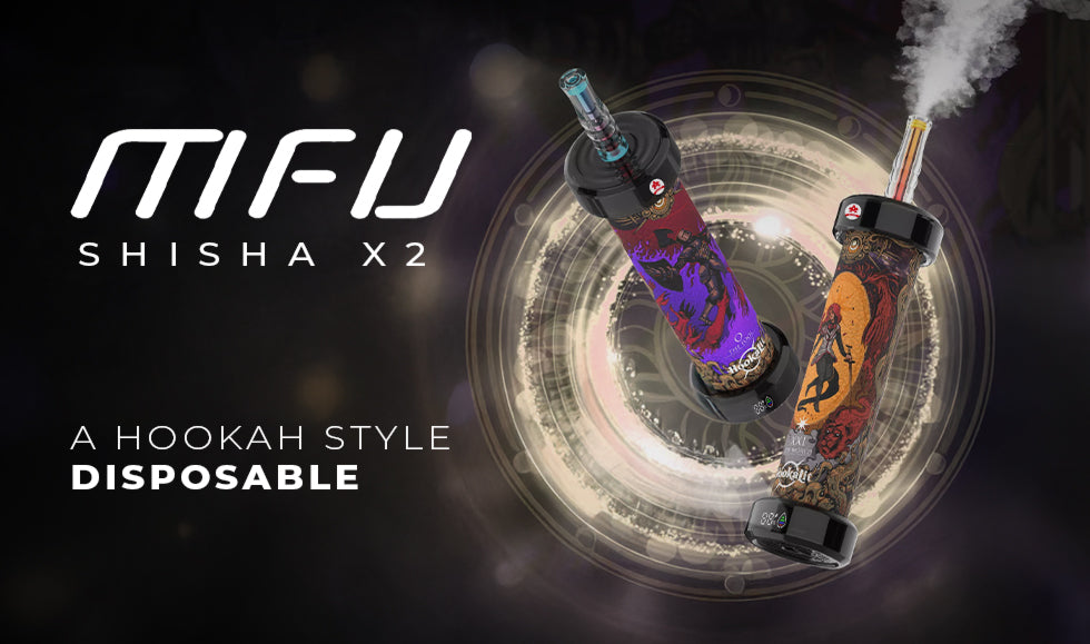 MFU Shisha X2 hookah-style disposable vape devices shown with decorative artwork and smoke, highlighting the Shisha X2 design.