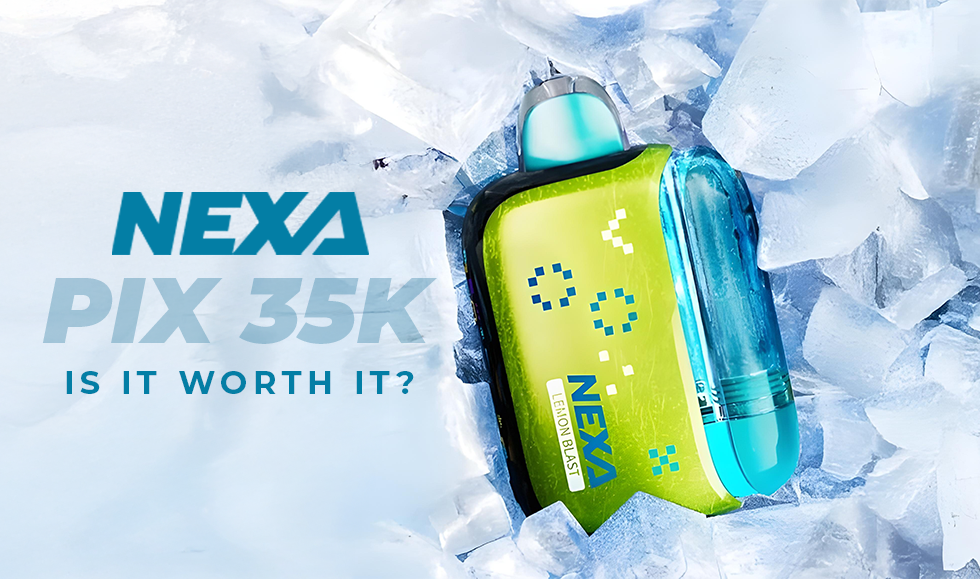 a Nexa Vape PIX 35K Disposable Vape with a curved HD screen