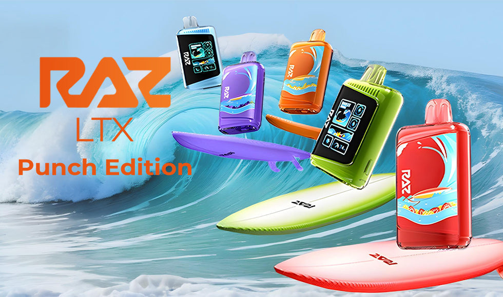 RAZ LTX Punch Edition disposable vapes in multiple colors displayed on surfboards with ocean wave background.