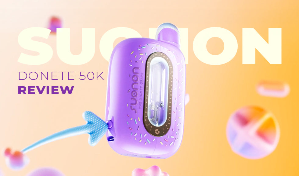 Suonon Donete 50K disposable vape in purple with transparent tank display, featured in product review graphic.