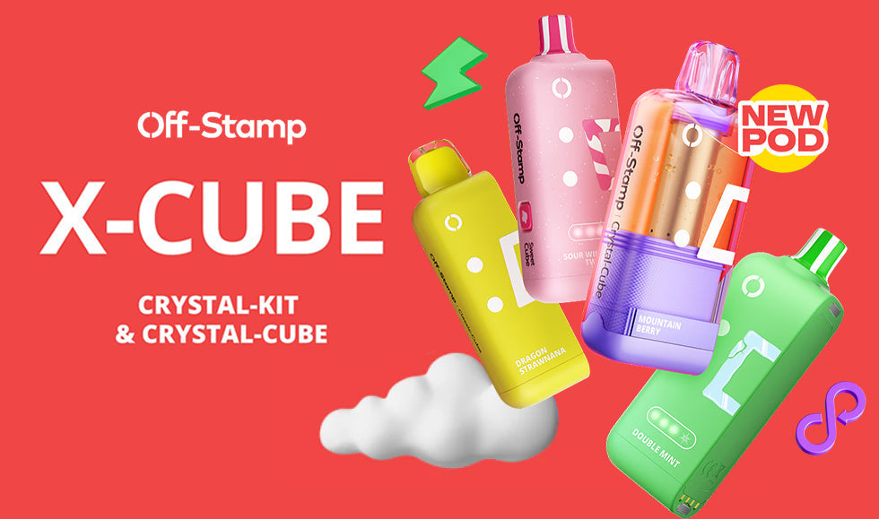 Off Stamp X Cube Crystal Kit and Crystal Cube vape devices in multiple colors on red background.