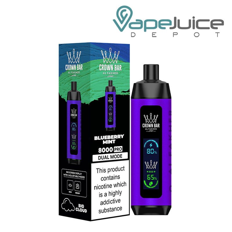 A Box of Blueberry Mint AL Fakher Crown Bar 8000 Pro Disposable with a warning sign and a device next to it - Vape Juice Depot