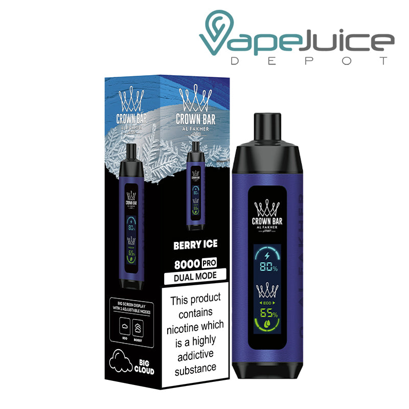 A Box of Berry Ice AL Fakher Crown Bar 8000 Pro Disposable with a warning sign and a device next to it - Vape Juice Depot