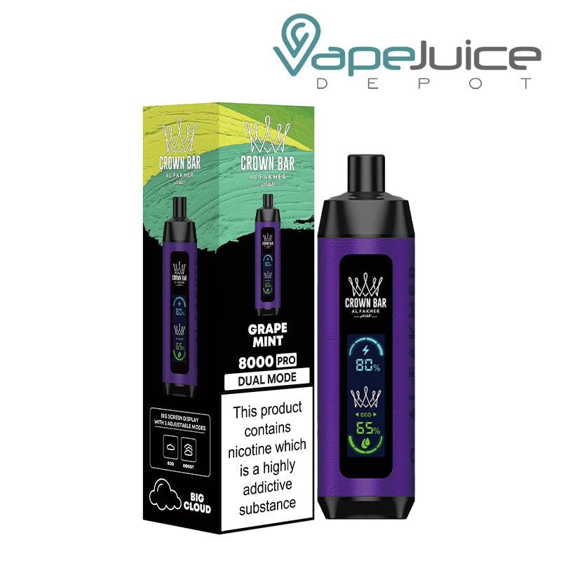 A Box of Grape Mint AL Fakher Crown Bar 8000 Pro Disposable with a warning sign and a device next to it - Vape Juice Depot