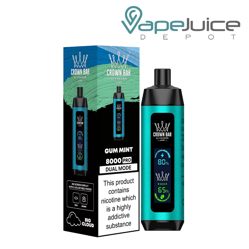 A Box of Gum Mint AL Fakher Crown Bar 8000 Pro Disposable with a warning sign and a device next to it - Vape Juice Depot