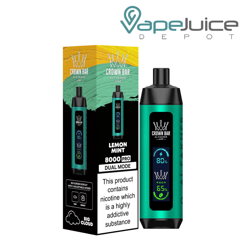 A Box of Lemon Mint AL Fakher Crown Bar 8000 Pro Disposable with a warning sign and a device next to it - Vape Juice Depot