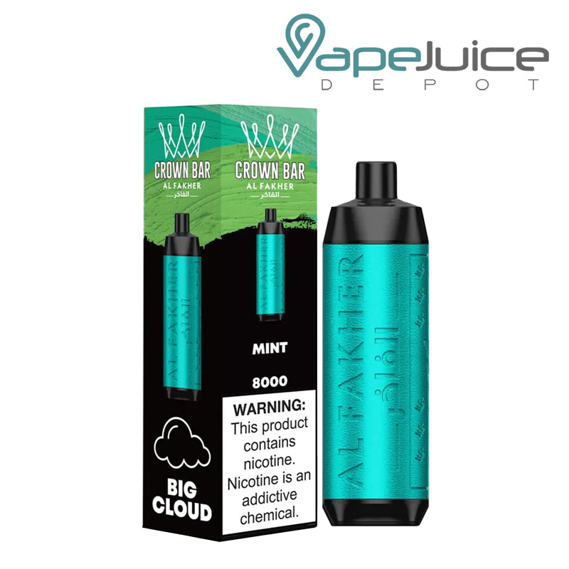 A Box of Mint AL Fakher Crown Bar 8000 Pro Disposable with a warning sign and a device next to it - Vape Juice Depot