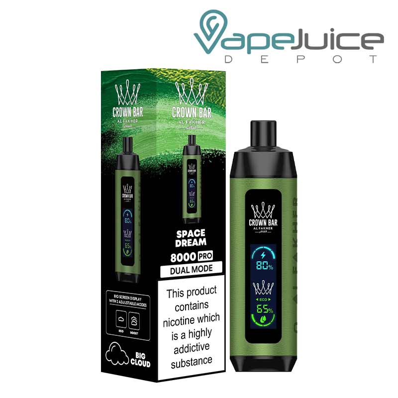A Box of Space Dream AL Fakher Crown Bar 8000 Pro Disposable with a warning sign and a device next to it - Vape Juice Depot