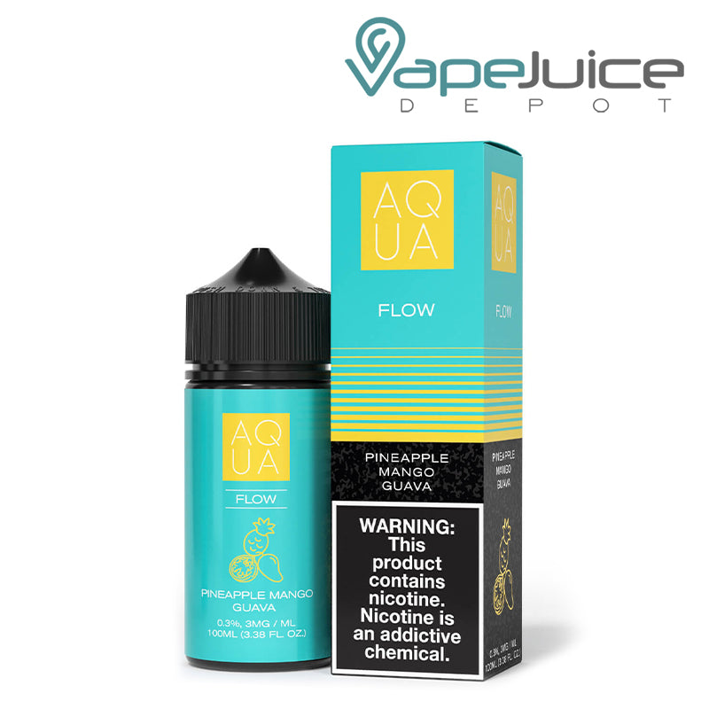 A 100ml bottle of Flow AQUA eLiquid and a box with a warning sign next to it - Vape Juice Depot