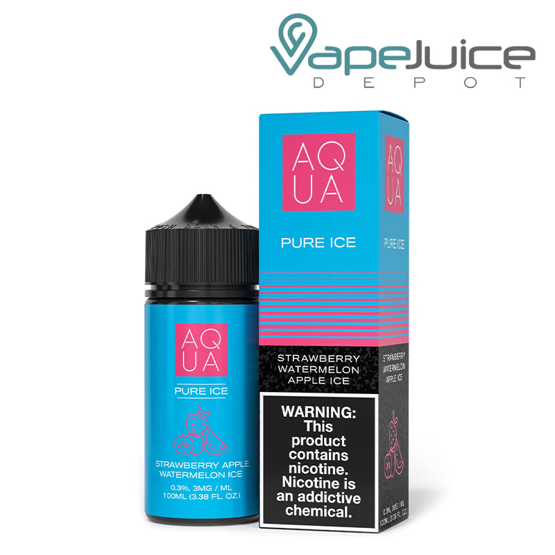 100ml bottle of Pure Menthol AQUA eLiquid and a box with a warning sign next to it - Vape Juice Depot