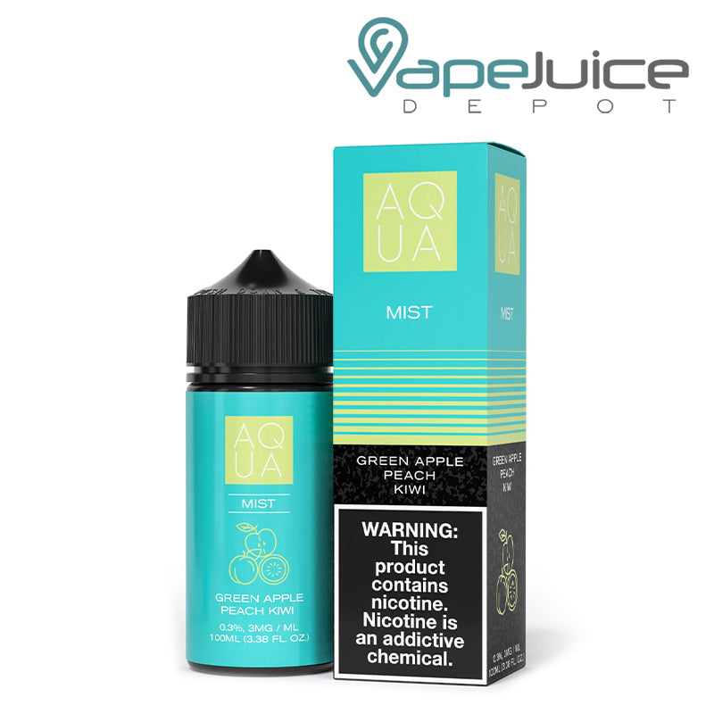 100ml bottle of Mist AQUA eLiquid and a box with a warning sign next to it - Vape Juice Depot