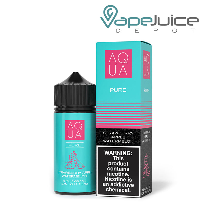 A 100ml bottle of Pure AQUA eLiquid and a box with a warning sign next to it - Vape Juice Depot