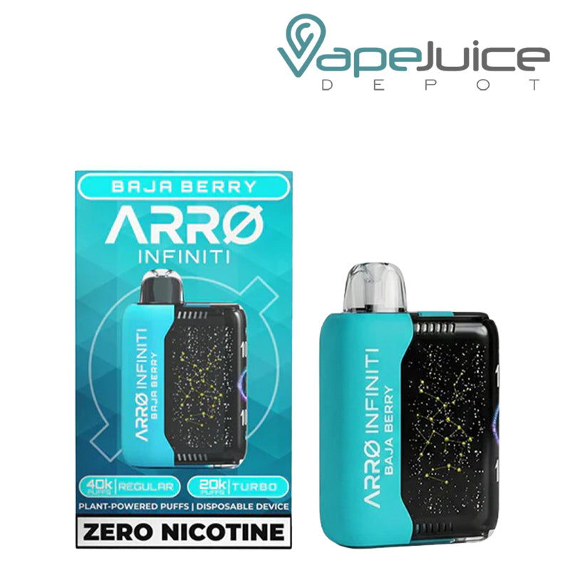 A Box of ARRO Infiniti 40K ZERO Nicotine Disposable Baja Berry and a device next to it - Vape Juice Depot