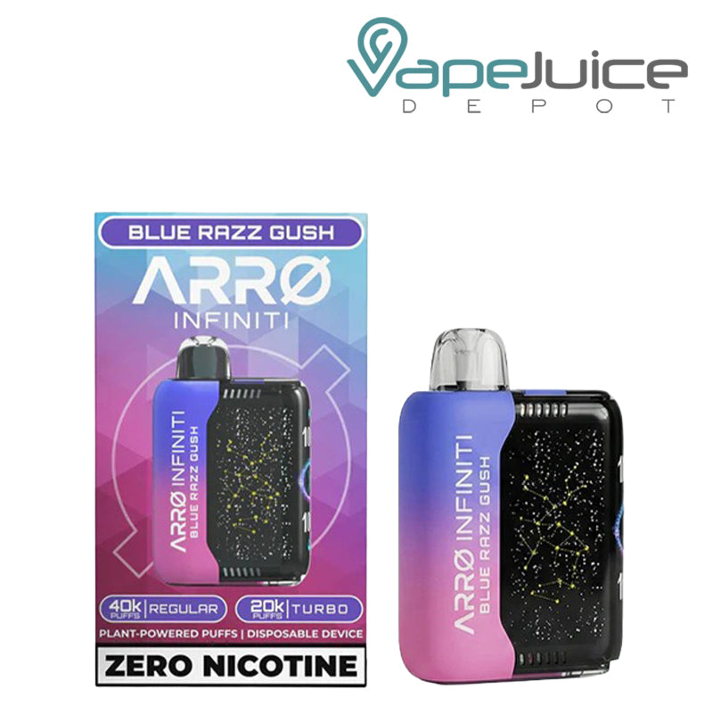 A Box of ARRO Infiniti 40K ZERO Nicotine Disposable Blue Razz Gush and a device next to it - Vape Juice Depot