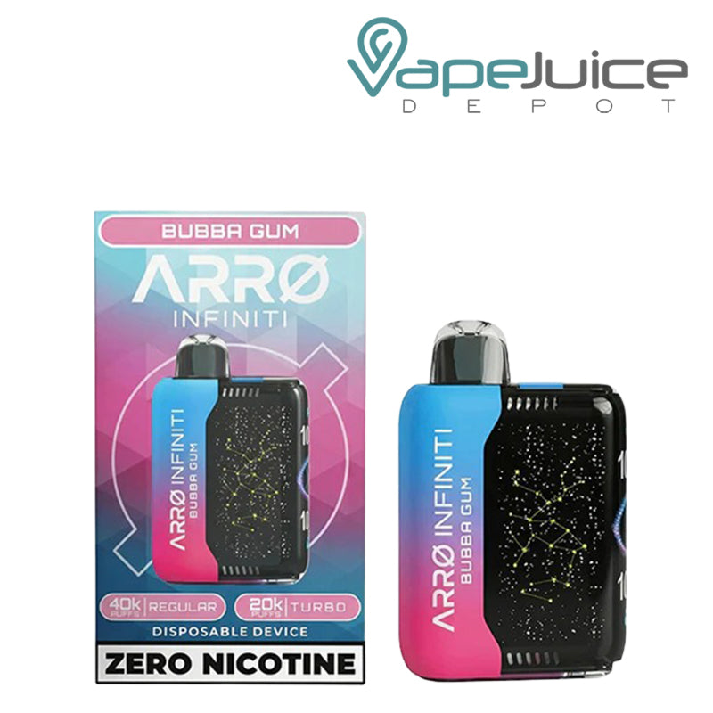 A Box of ARRO Infiniti 40K ZERO Nicotine Disposable Bubba Gum and a device next to it - Vape Juice Depot