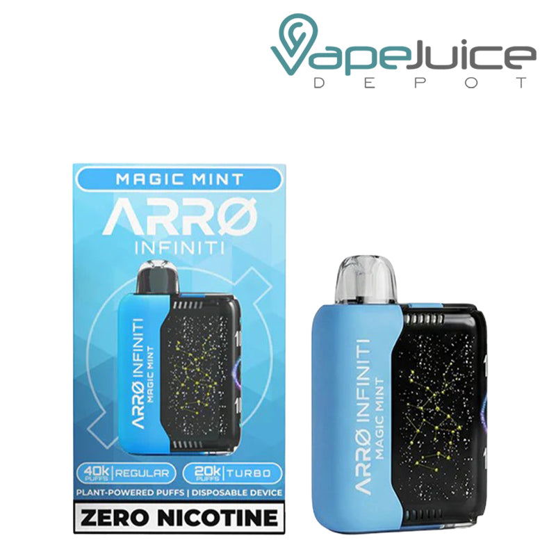 A Box of ARRO Infiniti 40K ZERO Nicotine Disposable Magic Mint and a device next to it - Vape Juice Depot