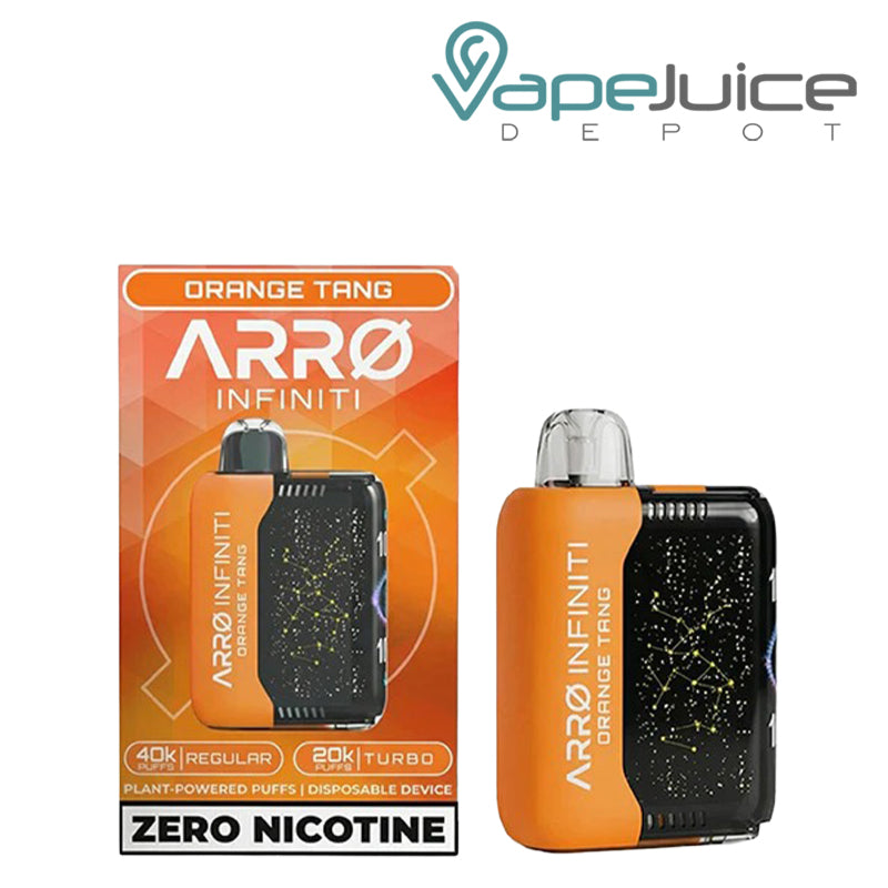 A Box of ARRO Infiniti 40K ZERO Nicotine Disposable Orange Tang and a device next to it - Vape Juice Depot