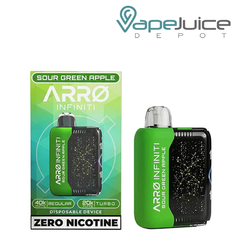 A Box of ARRO Infiniti 40K ZERO Nicotine Disposable Infiniti and a device next to it - Vape Juice Depot