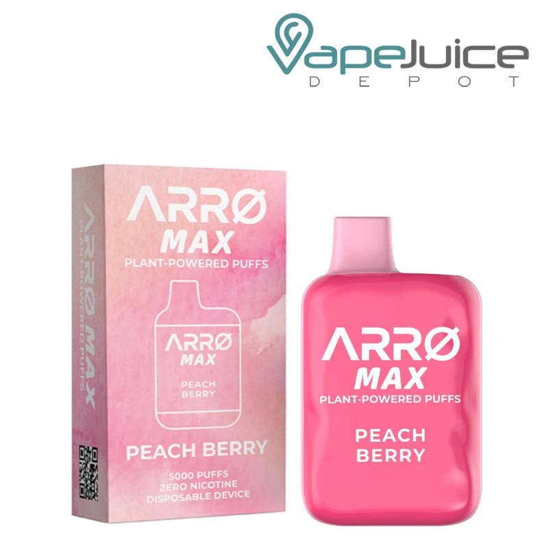 A Box of Peach Berry ARRO Max 5000 ZERO Nicotine Disposable and a device next to it - Vape Juice Depot