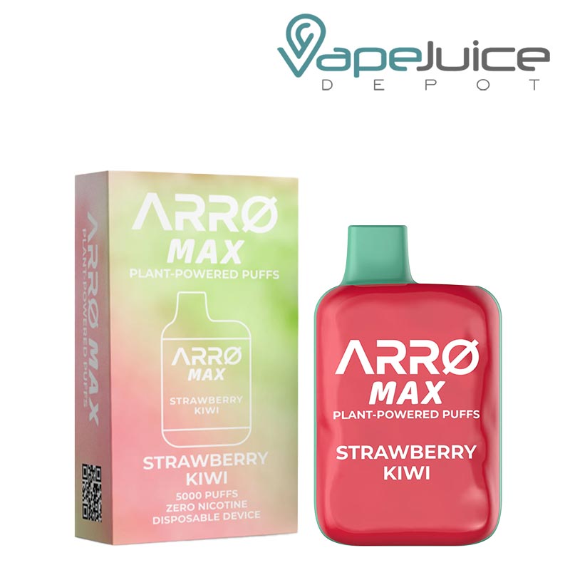 A Box of Strawberry Kiwi ARRO Max 5000 ZERO Nicotine Disposable and a device next to it - Vape Juice Depot
