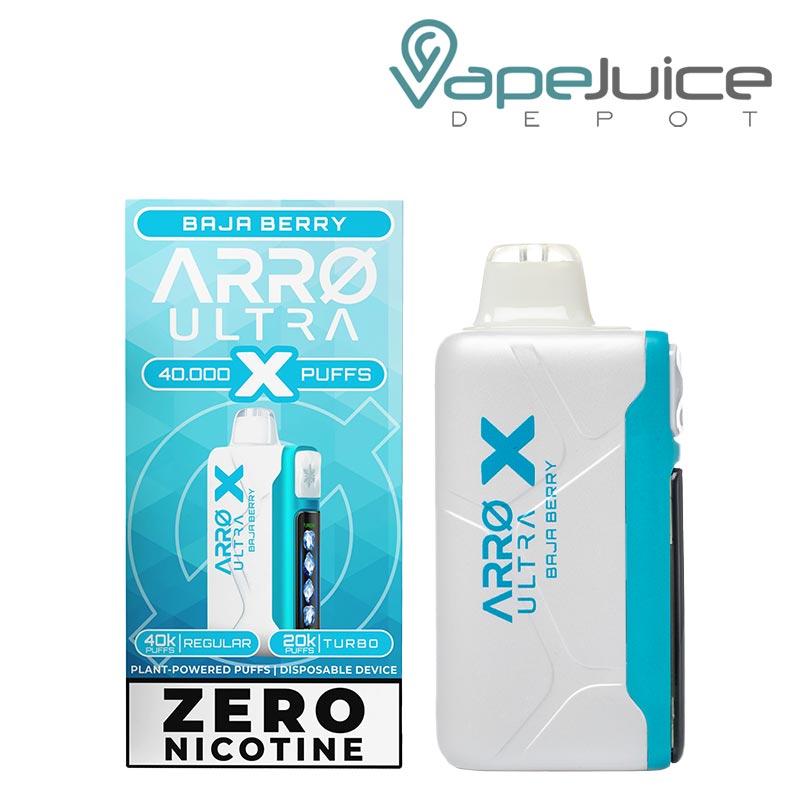 A Box of Baja Berry ARRO Ultra X 40K ZERO Nicotine Disposable and a device next to it - Vape Juice Depot