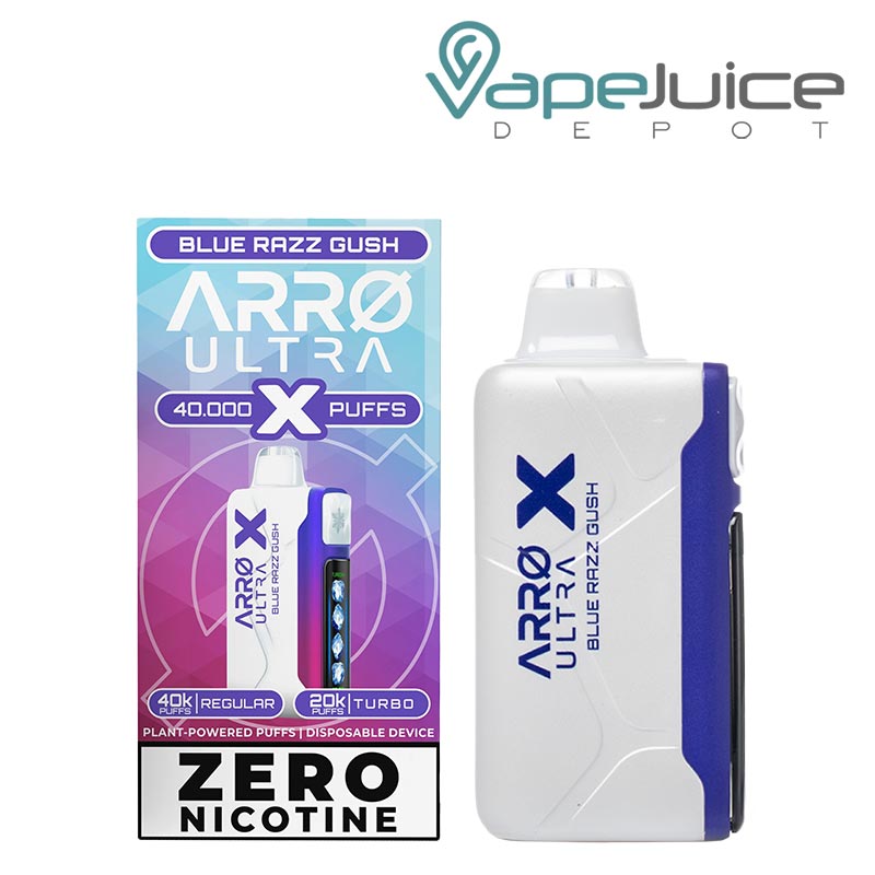 A Box of Blue Razz Gush ARRO Ultra X 40K ZERO Nicotine Disposable and a device next to it - Vape Juice Depot