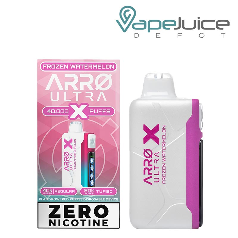 A Box of Frozen Watermelon ARRO Ultra X 40K ZERO Nicotine Disposable and a device next to it - Vape Juice Depot
