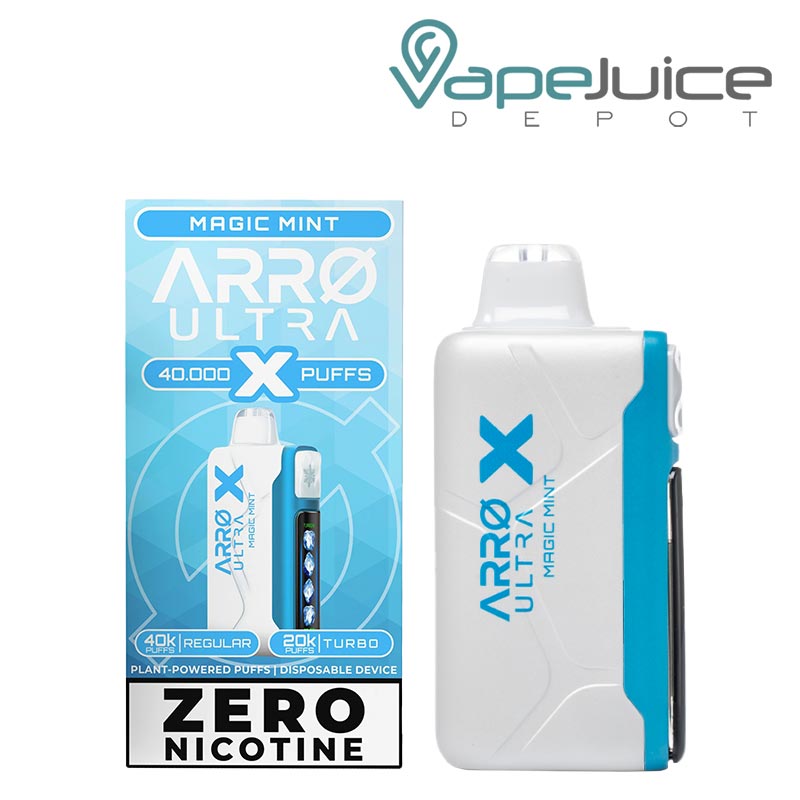 A Box of Magic Mint ARRO Ultra X 40K ZERO Nicotine Disposable and a device next to it - Vape Juice Depot