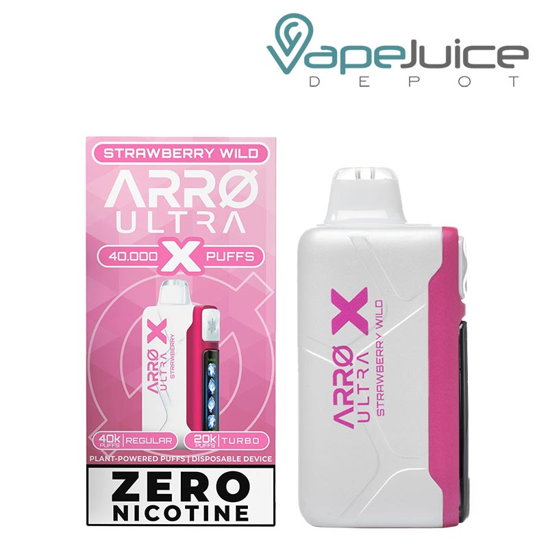 A Box of Strawberry Wild ARRO Ultra X 40K ZERO Nicotine Disposable and a device next to it - Vape Juice Depot