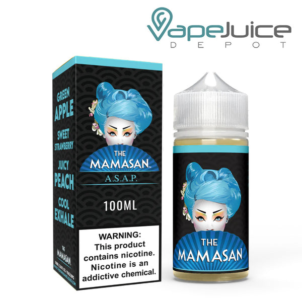 A box of ASAP The Mamasan eLiquid with a warning sign and a 100ml bottle next to it - Vape Juice Depot