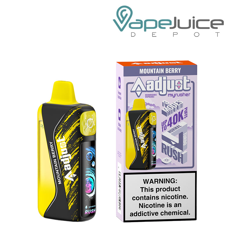 A Mountain Berry Adjust MyRusher 40K disposable with a smart screen and a box next to it – Vape Juice Depot