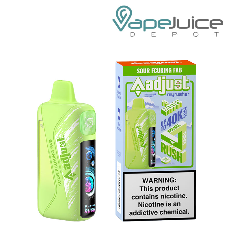 A Sour Fcuking Fab Adjust MyRusher 40K disposable with a smart screen and a box next to it – Vape Juice Depot