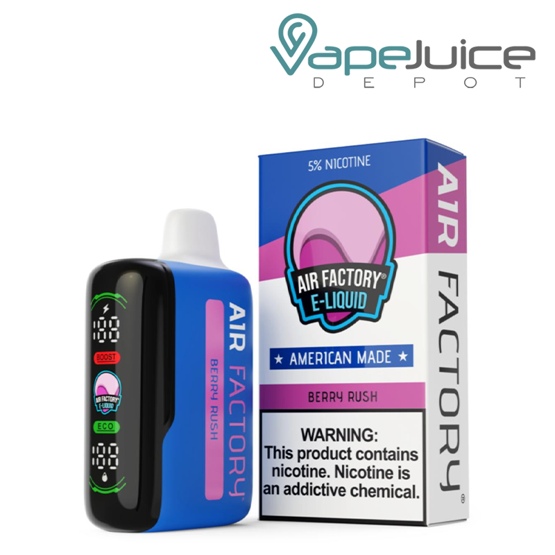 A Merry Rush Air Factory 20K Disposable with a Led screen and a box with a warning sign next to it - Vape Juice Depot