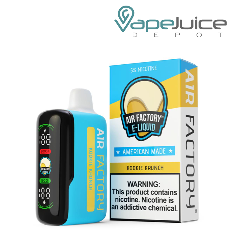 A Kookie Krunch Air Factory 20K Disposable with a Led screen and a box with a warning sign next to it - Vape Juice Depot