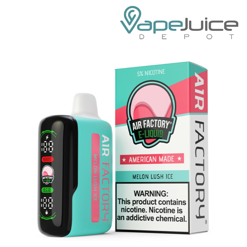 A Melon Lush Ice Air Factory 20K Disposable with a Led screen and a box with a warning sign next to it - Vape Juice Depot