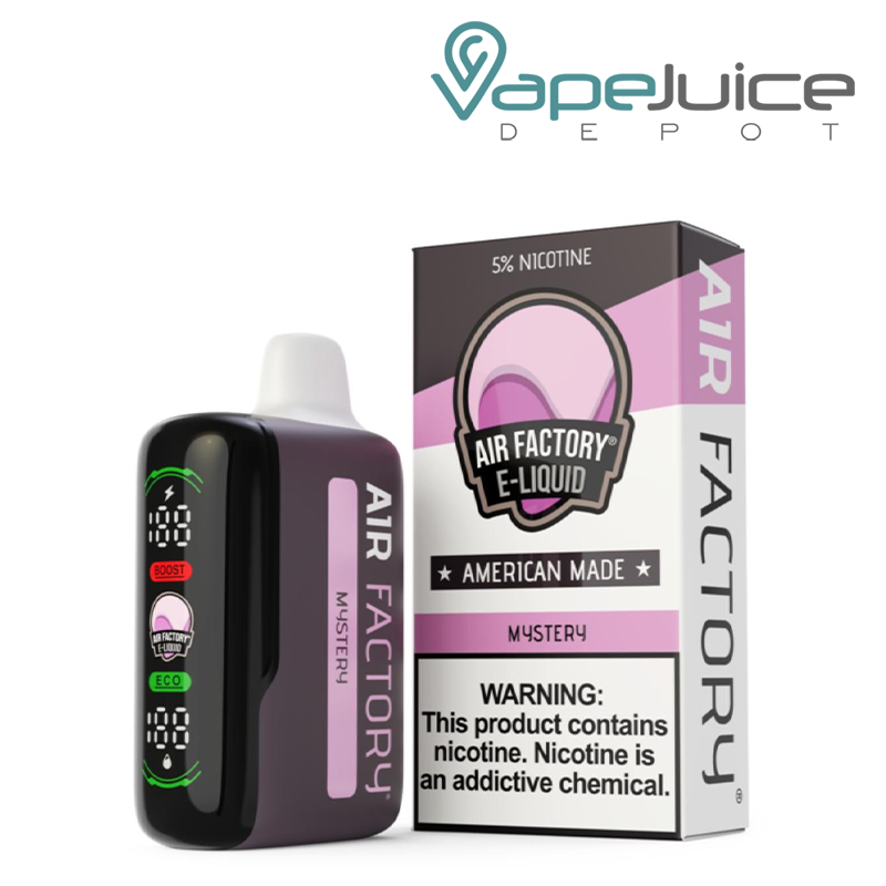 A Mystery Air Factory 20K Disposable with a Led screen and a box with a warning sign next to it - Vape Juice Depot