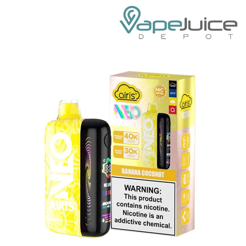 A Banana Coconut Airis Neo P40000 Disposable with Full HD screen and a box with a warning sign next to it - Vape Juice Depot