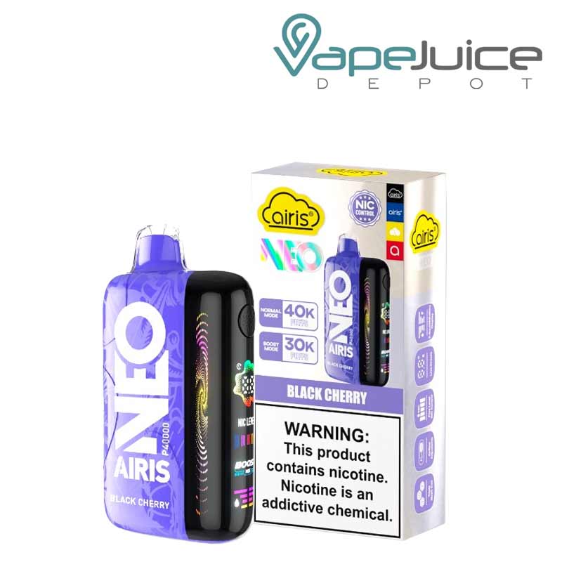A Black Cherry Airis Neo P40000 Disposable with Full HD screen and a box with a warning sign next to it - Vape Juice Depot