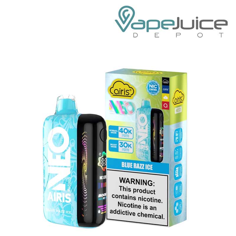 A Blue Razz Ice Airis Neo P40000 Disposable with Full HD screen and a box with a warning sign next to it - Vape Juice Depot