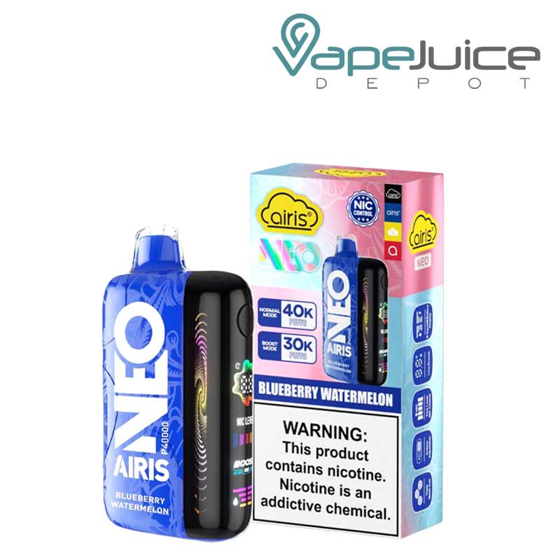 A Blueberry Watermelon Airis Neo P40000 Disposable with Full HD screen and a box with a warning sign next to it - Vape Juice Depot