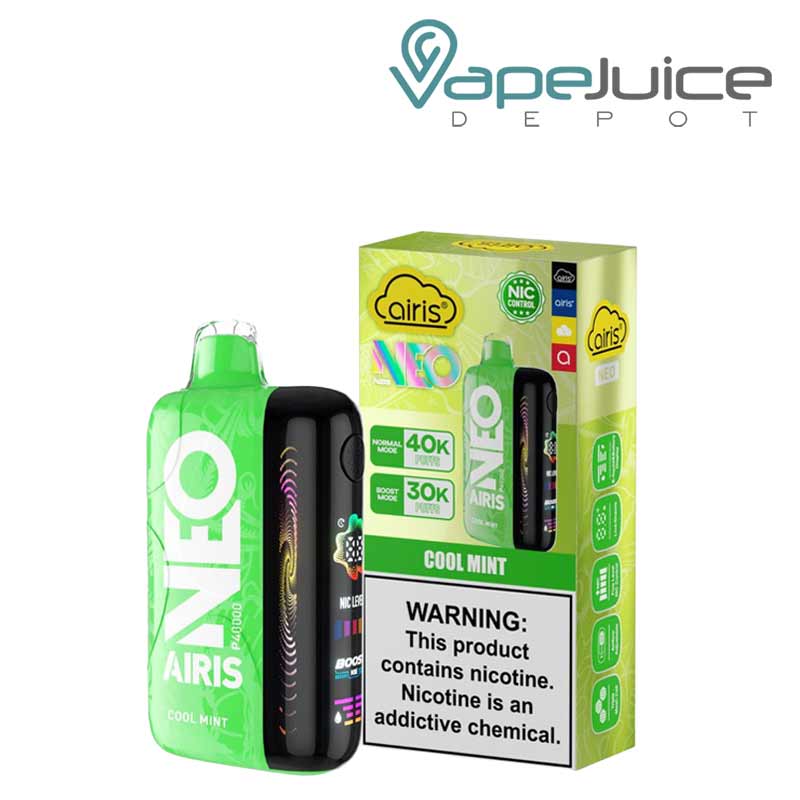 A Cool Mint Airis Neo P40000 Disposable with Full HD screen and a box with a warning sign next to it - Vape Juice Depot