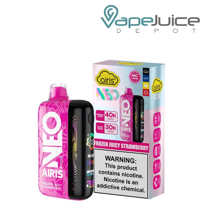 A Frozen Juicy Strawberry Airis Neo P40000 Disposable with Full HD screen and a box with a warning sign next to it - Vape Juice Depot