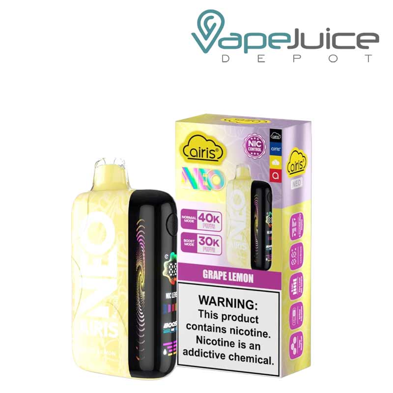 A Grape Lemon Airis Neo P40000 Disposable with Full HD screen and a box with a warning sign next to it - Vape Juice Depot