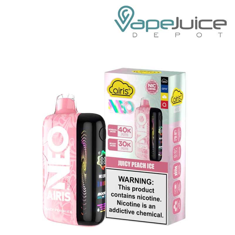 A Juicy Peach Ice Airis Neo P40000 Disposable with Full HD screen and a box with a warning sign next to it - Vape Juice Depot