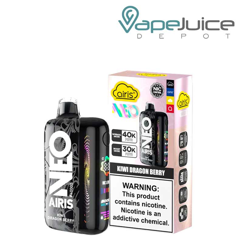 A Kiwi Dragon Berry Airis Neo P40000 Disposable with Full HD screen and a box with a warning sign next to it - Vape Juice Depot