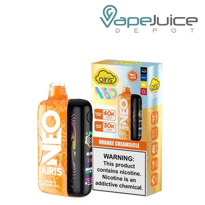 A Orange Creamsicle Airis Neo P40000 Disposable with Full HD screen and a box with a warning sign next to it - Vape Juice Depot