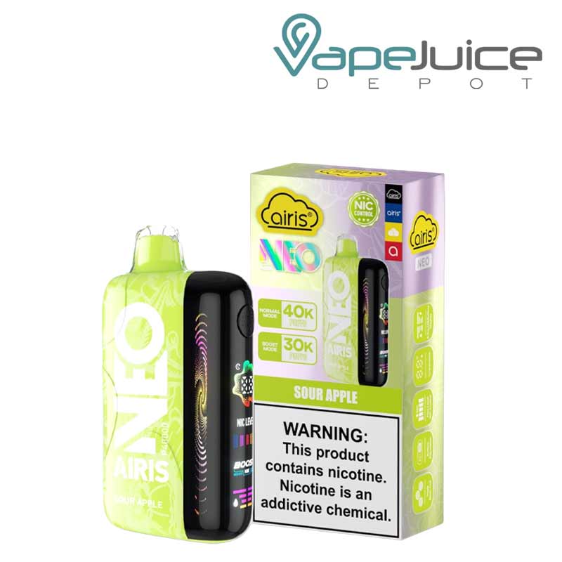 A Sour Apple Airis Neo P40000 Disposable with Full HD screen and a box with a warning sign next to it - Vape Juice Depot