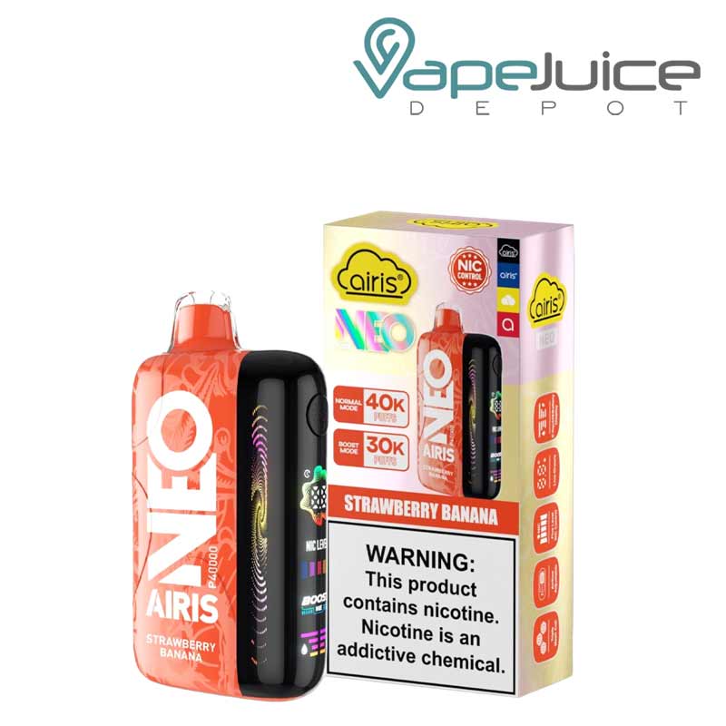 A Strawberry Banana Airis Neo P40000 Disposable with Full HD screen and a box with a warning sign next to it - Vape Juice Depot
